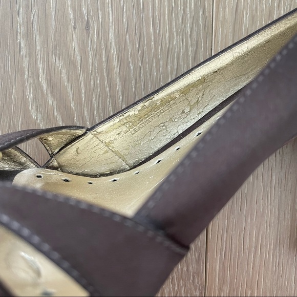 BCBG Womens 7 Heels Brown Satin Peep Toe Formal Dressy Crystal Amber Gold - Picture 11 of 14